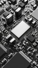Close-up view of a black and white computer motherboard showing microchips and electronic components in detail.
