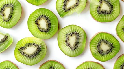Fototapeta premium Kiwi fruit slices viewed from above on a white background