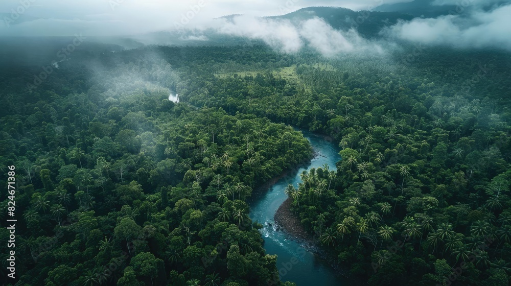 Poster aerial view of a winding river flowing through dense green rainforest under a cloudy sky, with mist 