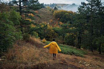 A person in a bright yellow raincoat exploring a serene forest trail during a peaceful Autumn walk