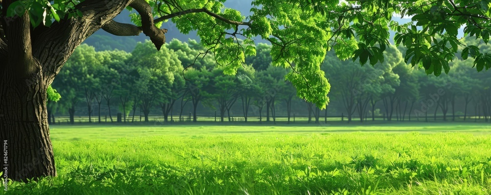 Poster peaceful green meadow with lush trees and sunlight filtering through leaves, perfect nature scenery 
