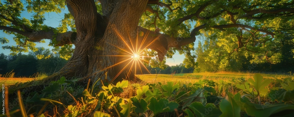 Aufkleber Sunlight breaking through the branches of an ancient tree in a serene forest meadow, capturing the beauty and tranquility of nature.