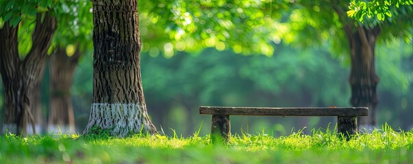 Serene park scene with a wooden bench under lush green trees, perfect for relaxation and nature lovers.