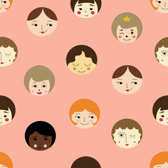 Surface pattern, attractive girlish faces. Repeating print, women visage. Bright colorful composition.