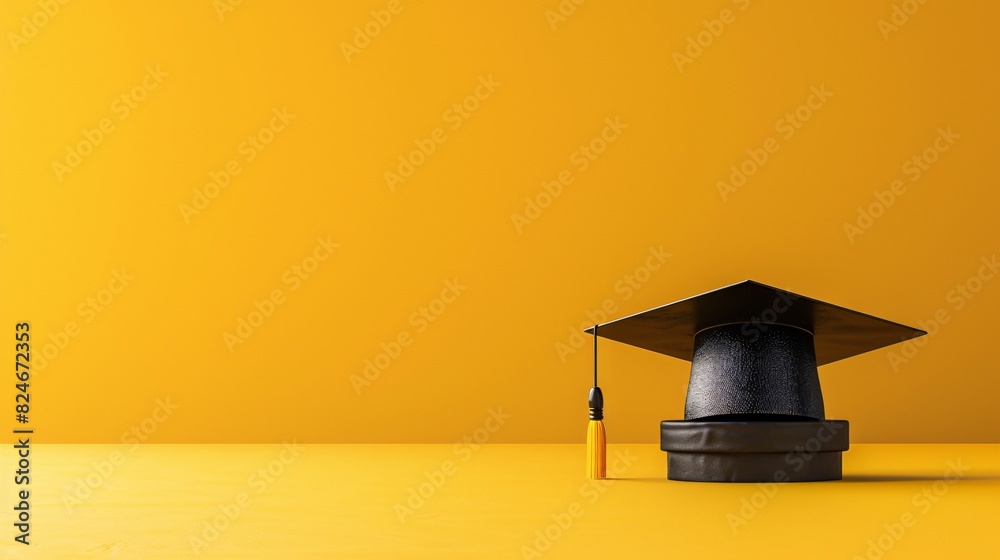 Wall mural Minimalist graduation cap against a solid yellow background, featuring a large area for personalized text - Wall murals