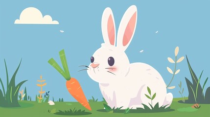 Illustration of a cute white rabbit with a carrot in a grassy field with blue sky and fluffy clouds.
