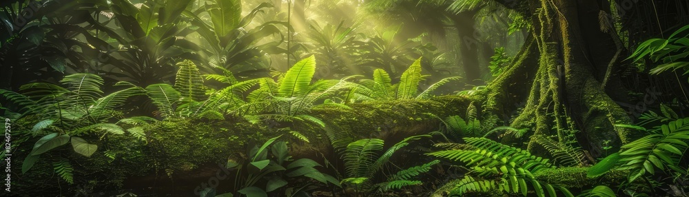 Aufkleber lush green rainforest with vibrant plants and light filtering through the canopy, creating a serene 