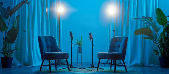 minimalism podcast set up with two chairs and microphones on a blue room with lush houseplant