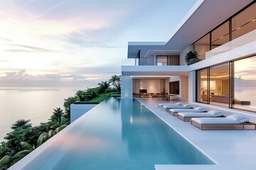 Obraz premium Luxurious Modern Villa with Infinity Pool Overlooking Ocean at Sunset