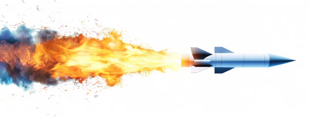 A missile rocket with fire trail isolated on the transparent background