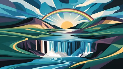 A captivating abstract landscape in vector art style, featuring a blend of vibrant colors and bold shapes