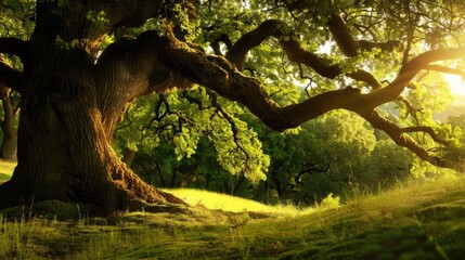 Fototapeta premium Serene landscape with a large, sprawling tree bathed in warm, golden sunlight, casting long shadows on the grassy field.