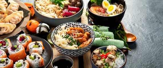 Chinese cuisine dishes on table. Asian food concept.