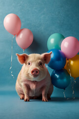 Cute and stylish piglets with a bunch of balloons standing on a blue background