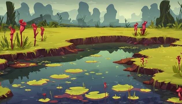 Overcast Day in Sphagnum Bog with Pitcher Plants Vector Art Background
