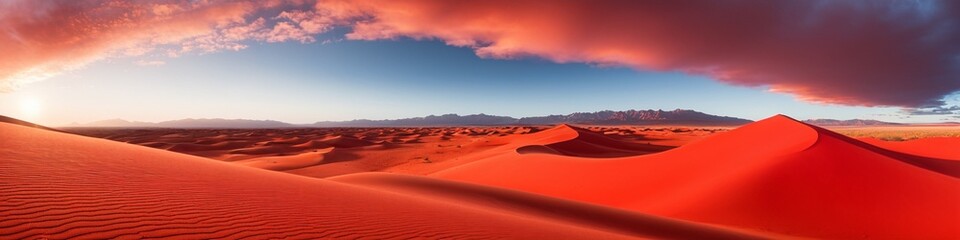 Desert with magical sands and dunes as inspiration for exotic adventures in dry climates. An alien landscape stretches with vast red sand dunes, sculpted by wind under a clear Martian sky.