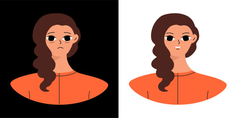 Concept of emotions before and after. Cartoon cute girlish face. Woman with a sad and joyful face. Isolated vector.