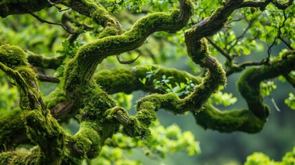Obraz premium Twisted branches covered in moss on a green tree