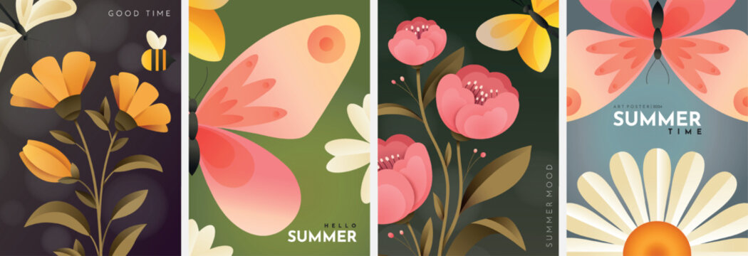 Minimalist summer posters.Bright wildflowers,butterflies and bee. Vertical illustrations for banner, poster, advertising or flyer.