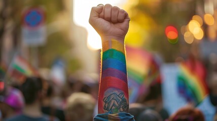 Close-up of a hand with a rainbow flag tattoo holding a protest sign during a LGBTQ+ rights rally