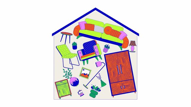 Messy house full of excess stuff line cartoon animation. Overconsumption problem 4K video motion graphic. Hoarding and belongings keeping 2D linear animated scene isolated on white background