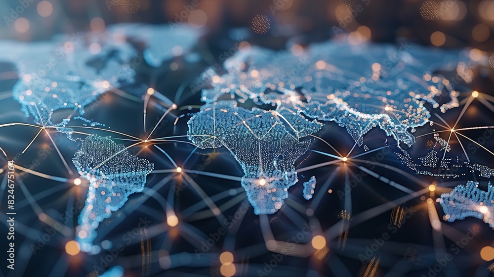 Poster international data transfer, information exchange, cyber technology, abstract world map, concept of 