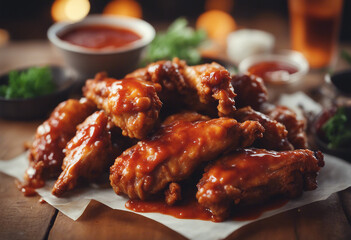 Close up view of delicious hot chicken wings with sauce
