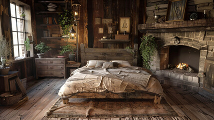 A rustic bedroom with a handmade, wooden bed frame, a vintage, metal lantern, and a natural stone fireplace. 