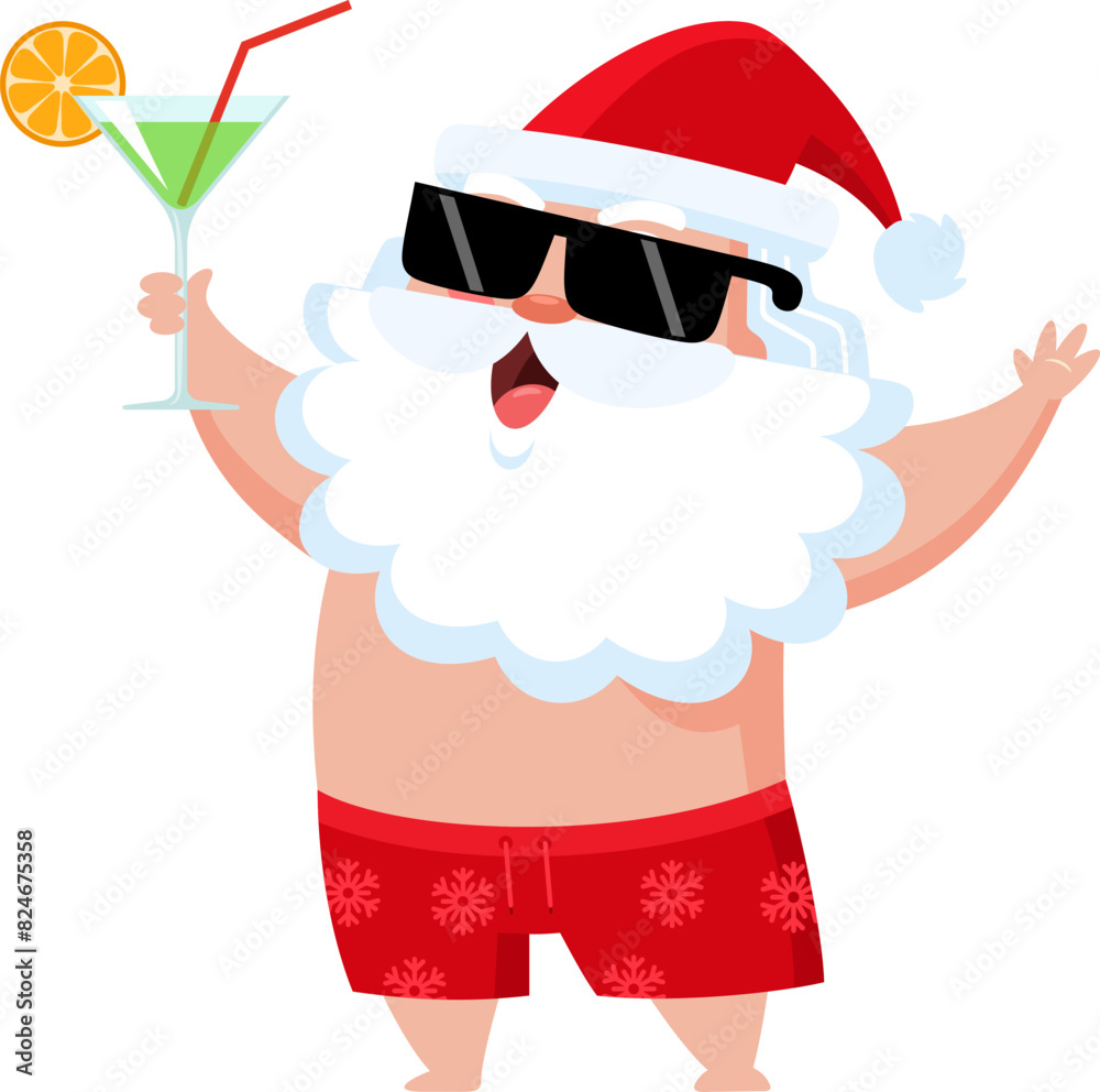 Wall mural happy summer santa claus cartoon character in swimsuit chilling out with cocktail. vector illustrati