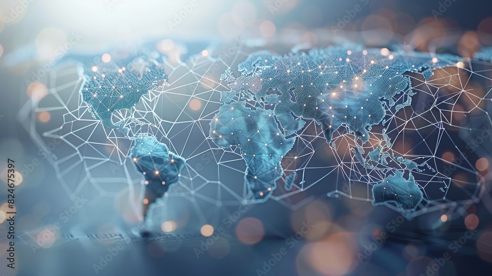 Poster international data transfer, information exchange, cyber technology, abstract world map, concept of 