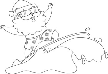 Outlined Happy Summer Santa Claus Cartoon Character Surfing And Riding A Wave. Vector Hand Drawn Illustration Isolated On Transparent Background