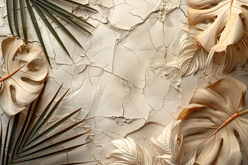 Exotic foliage product showcase featuring Weathered rock on a Neutral backdrop studio for beauty or skincare design layout.