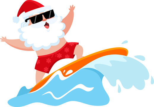 Happy Summer Santa Claus Cartoon Character Surfing And Riding A Wave. Vector Illustration Flat Design Isolated On Transparent Background