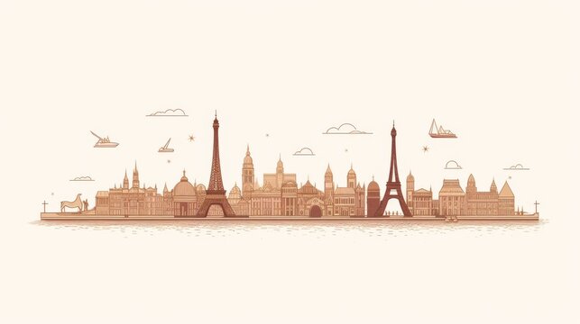 paris skyline brown line art clip art preview