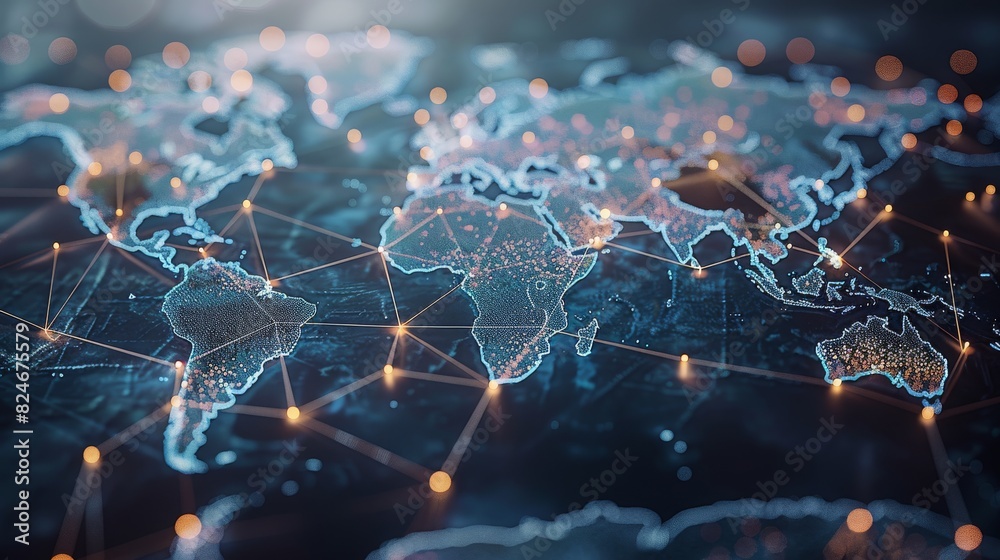 Poster international data transfer, information exchange, cyber technology, abstract world map, concept of 