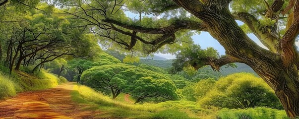 Serene forest pathway with lush green trees and a dirt trail, perfect for a tranquil nature escape or a peaceful walk through the woods.
