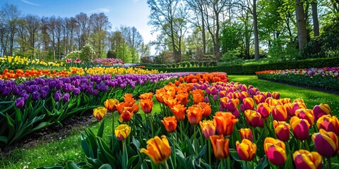 Vibrant Dutch flower fields in the tulip region close to a Danish village.