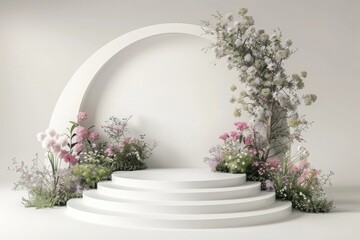 3D render of a curved white stage with flowers and plants against a white background, in light colors with high resolution, high detail, and high quality.