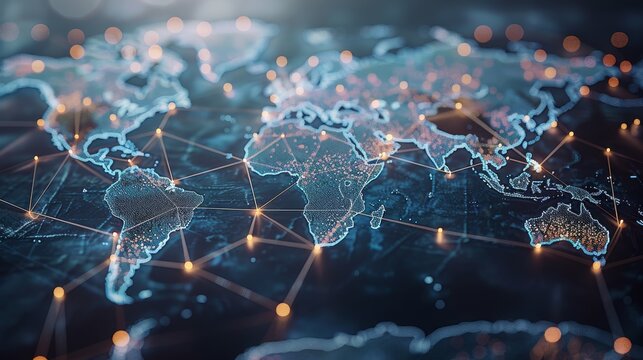 International data transfer, information exchange, cyber technology, abstract world map, concept of global network and connectivity, international data transfer and cyber technology. Generative AI.