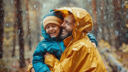 Dad and child sharing a raincoat, their faces lit up with joy as they enjoy a rainy day outside. The special bond between father and child is evident.