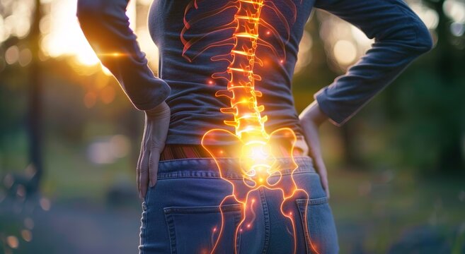 Patients with back pain have a glowing spine highlighted in red.
