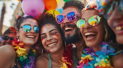 Obraz premium Group of diverse friends, all wearing various rainbow accessories, celebrating together at an outdoor festival with colorful decorations around