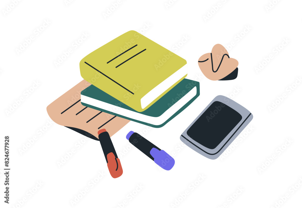 Poster book, notebook, crumpled paper and mobile phone for education and study. notebook, diary, smartphone
