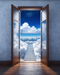 Stairway leading up to heavenly sky towards the light. Risk and success business staircase. Stairs to the doors of heaven. The staircase leading to the door in heaven.