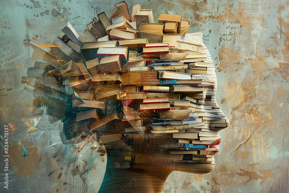 Wall mural head of a woman where we can see that the inside has been replaced with piles of books, depicting th