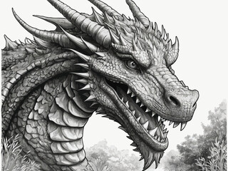 The coloring page, a dragon head, and neck are the subject, the setting is outdoor playing design.