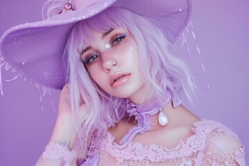 makeup wearing pastel purple witch costume with a pointy hat and pastel purple lace dress on a pastel purple background for Halloween