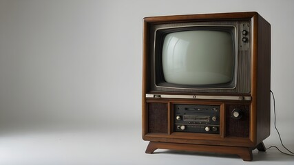 An isolated, antique, retro television set with a blank screen set against a white backdrop.