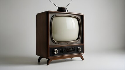 An isolated, antique, retro television set with a blank screen set against a white backdrop.