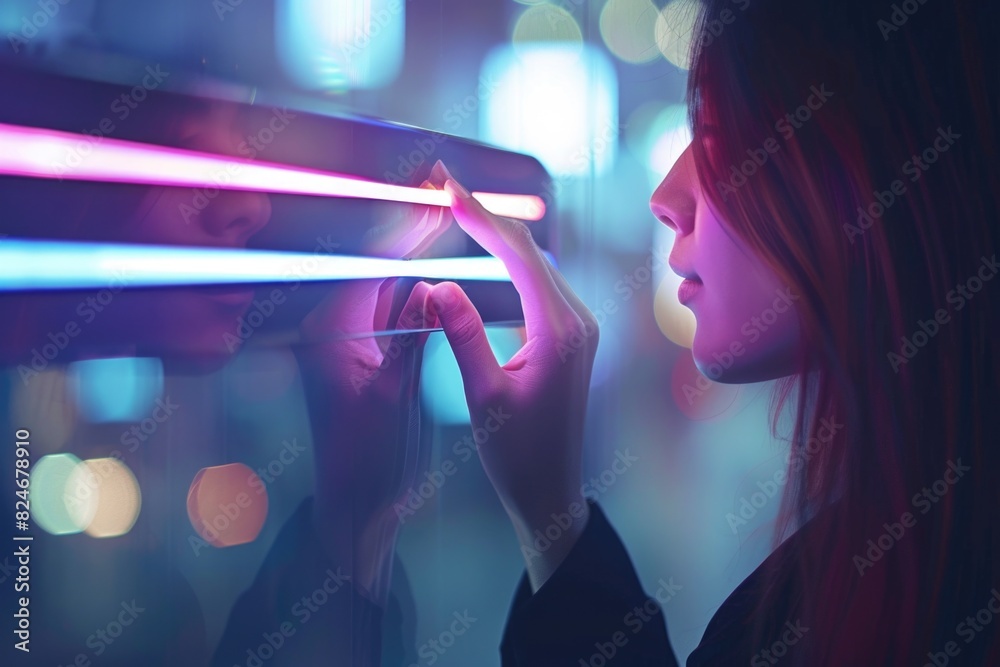 Poster a woman holding a cell phone in front of a window. suitable for technology and communication concept